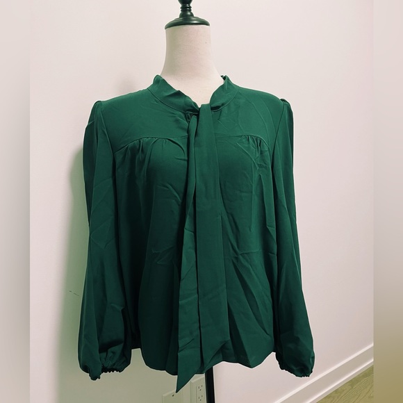 Brand New Elegant Dark Green Tie Neck Long Sleeve Draped Blouse Shirt L/XL - Picture 4 of 4